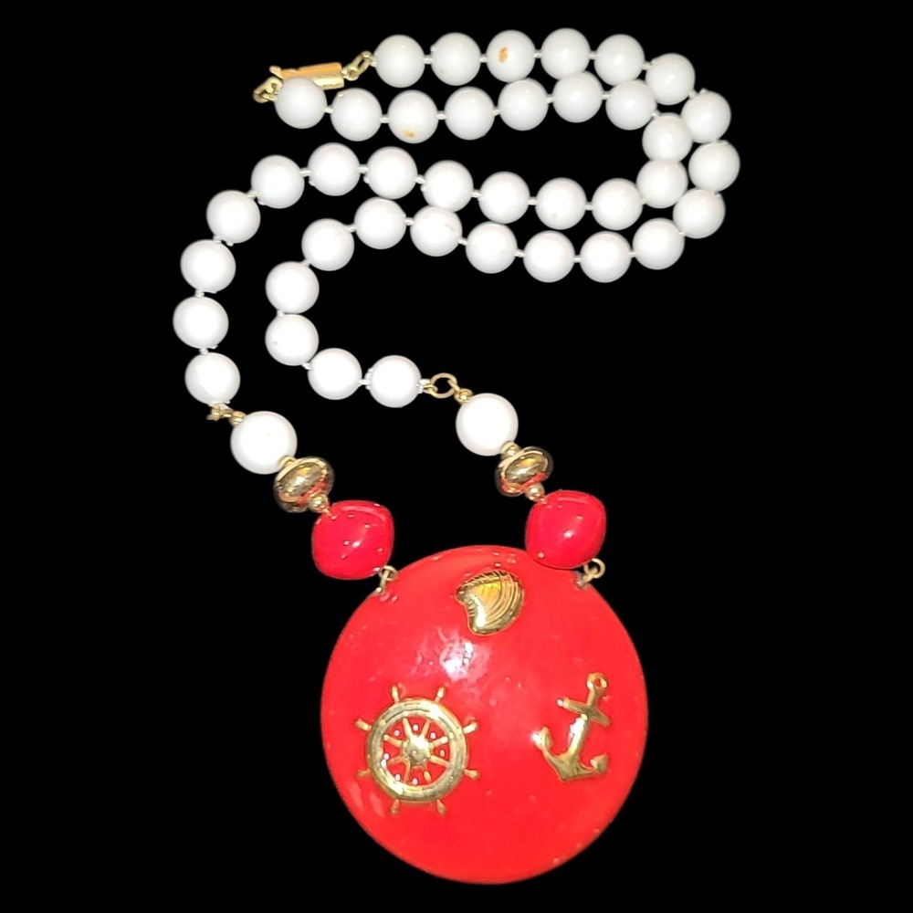 Vintage 80s Big Red Gold Nautical Pendant Necklace Anchor Ship Wheel White Beads